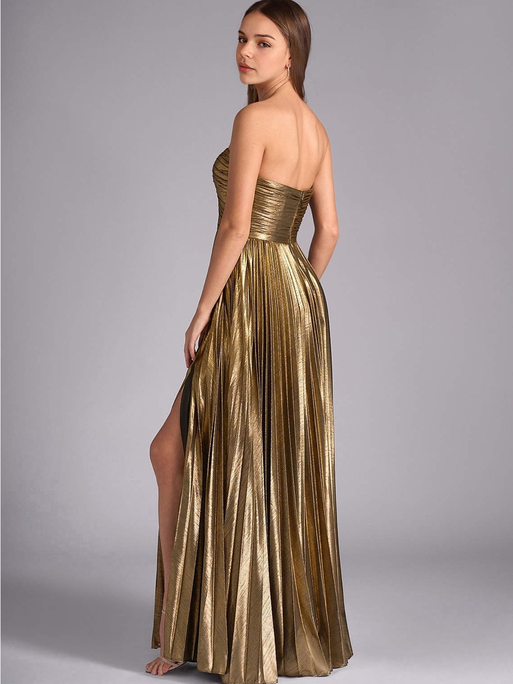 Azazie Strapless Metallic Gold Gown with Sweetheart Bodice - Picture 3 of 5